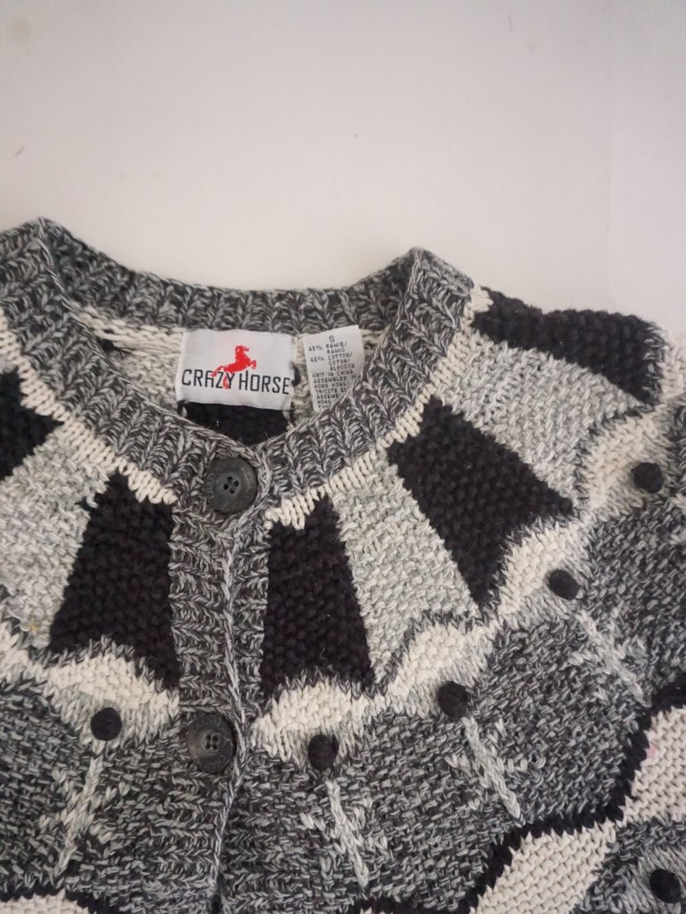 Vintage Crazy Horse Grey Black Geometric Textured Button Cotton Cardigan S - Picture 10 of 12